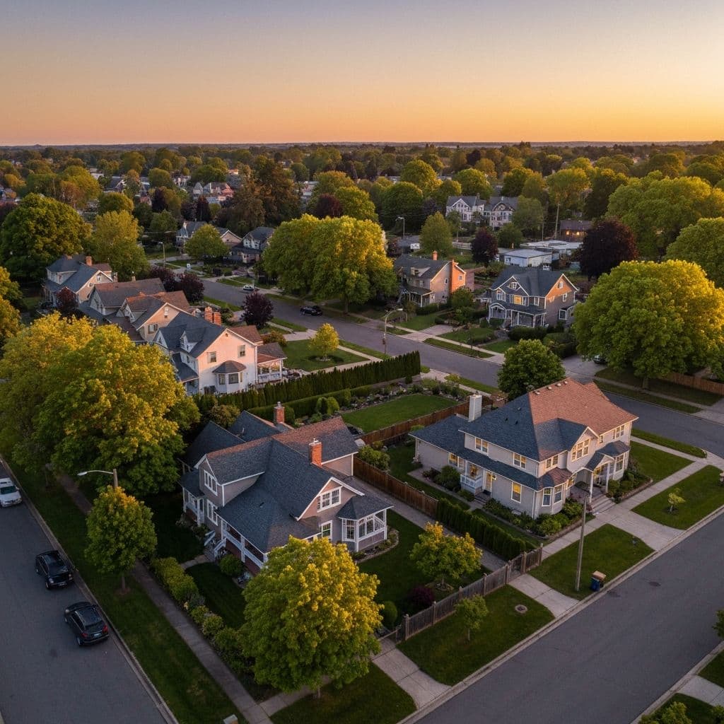 Aerial view of a residential neighborhood with tree-lined streets and well-maintained homes at golden hour