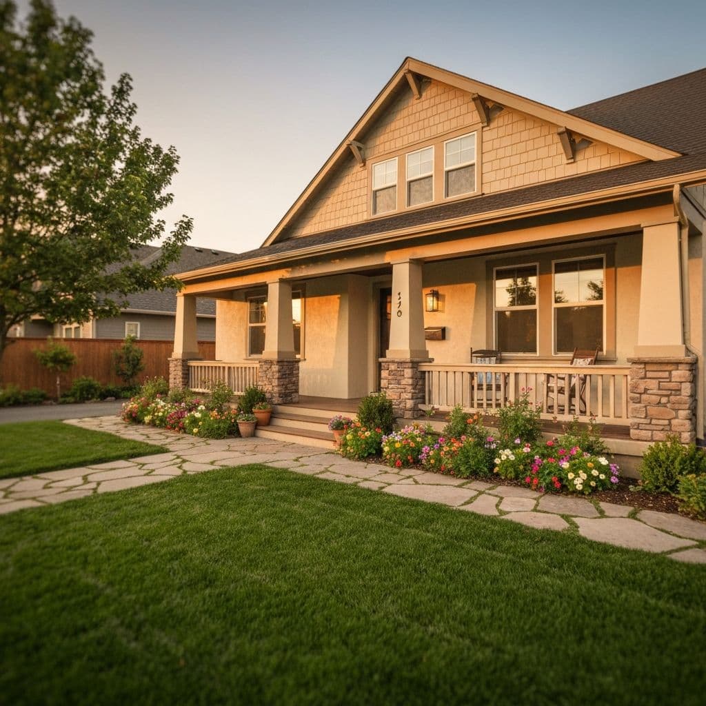 A beautiful home with a manicured lawn and stone walkway at golden hour