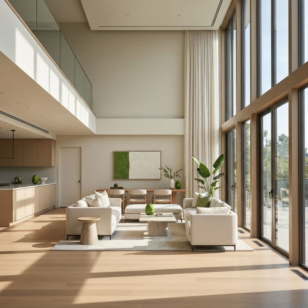 A professionally staged living room with clean lines, neutral tones, and warm natural sunlight